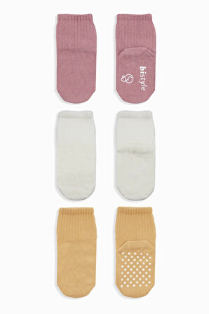 Bistyle Basic Kaymaz Penye Soket Çorap 3'Lü BS10106 Pudra Ekru Somon