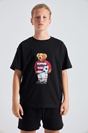 Teddy Bear Baskılı %100 Pamuk Erkek Oversize Çocuk Tişört