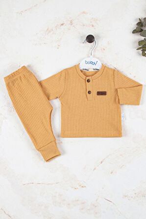 3-18 Ay Çizgili Kumaş 2'li Unisex Takımı Hardal