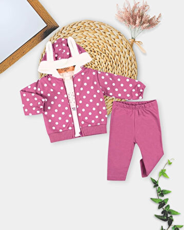 3-18 Ay Kız Bebek Takımı Tavşan Kulaklı Puanlı 3'lü Mor