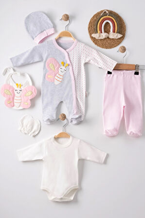 3 Ay Kelebek Nakışlı Tulumlu Kız Bebek 5'li Set Gri