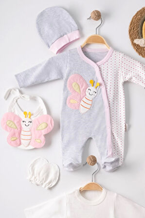 3 Ay Kelebek Nakışlı Tulumlu Kız Bebek 5'li Set Gri