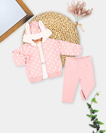 3-18 Ay Kız Bebek Takımı Tavşan Kulak 3'lü Gül Kurusu