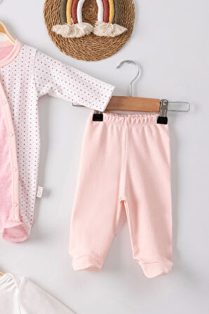 3 Ay Kelebek Nakışlı Puanlı Tulumlu Kız Bebek 5'li Set Pembe