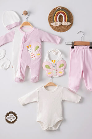 3 Ay Kelebek Nakış Puanlı Tulumlu Kız Bebek 5'li Set Pembe