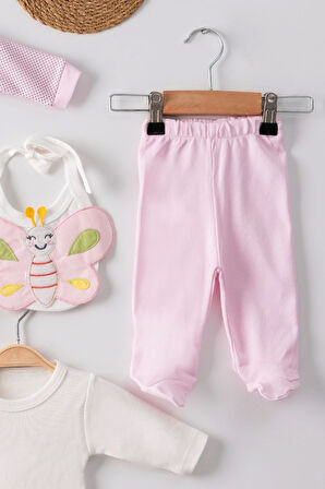 3 Ay Kelebek Nakış Puanlı Tulumlu Kız Bebek 5'li Set Pembe