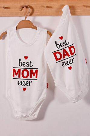 Yeni Doğan 3-12 Ay Best Mom ve Dad Askılı Unisex Body Beyaz