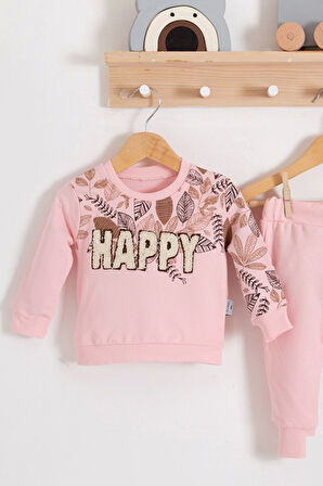 3-18 Ay Kız Bebek Takımı Happy Yaprak 2'li Pembe