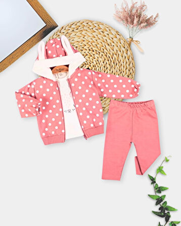 3-18 Ay Kız Bebek Takımı Tavşan Kulaklı Puanlı 3'lü Pembe