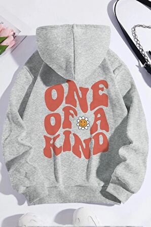 Gri 3 Iplik Polarlı Kapüşonlu Oversize Kalıp Hoodie One Of A Kıng Tasarımlı Unisex Sweatshirt