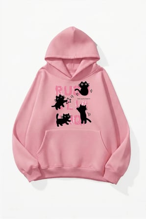 Unisex Yumuşak Dokulu Kedi Kaos Baskılı Tasarım Oversize 3 İplik Hoodie Sweatshirt