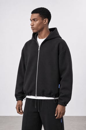 Erkek Lastik Detaylı Panda Oversize Zip Siyah