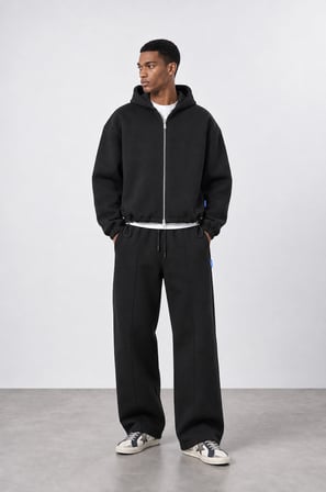 Erkek Lastik Detaylı Panda Oversize Zip Siyah