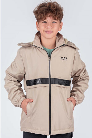 Erkek Çocuk Çıkarılabilir Kapüşonlu New Life Baskılı Kışlık Mont KM7361