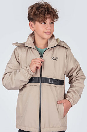 Erkek Çocuk Çıkarılabilir Kapüşonlu New Life Baskılı Kışlık Mont KM7361