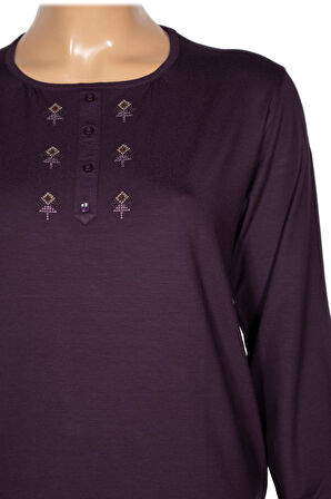 Cimariva Kadın Neşe Büyük Beden O Yaka Robası Nakışlı Mürdüm Bluz