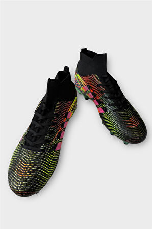 Erkek Boğazlı Renkli Desenli Halı Saha ve Çim Saha Kramponu  SİYAH