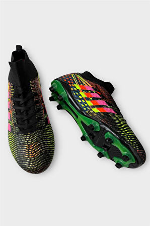 Erkek Boğazlı Renkli Desenli Halı Saha ve Çim Saha Kramponu  SİYAH