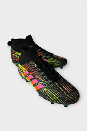 Erkek Boğazlı Renkli Desenli Halı Saha ve Çim Saha Kramponu  SİYAH