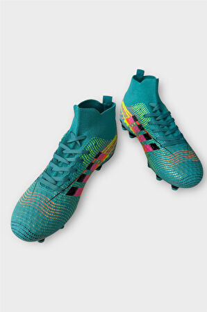 Erkek Boğazlı Renkli Desenli Halı Saha ve Çim Saha Kramponu  TURKUAZ