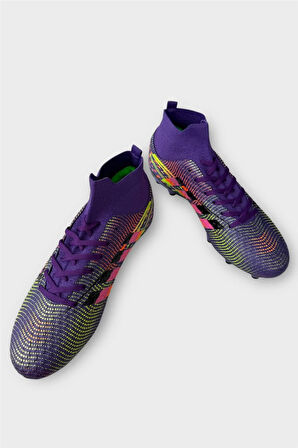 Erkek Boğazlı Renkli Desenli Halı Saha ve Çim Saha Kramponu  MOR