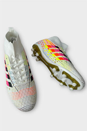 Erkek Boğazlı Renkli Desenli Halı Saha ve Çim Saha Kramponu  BEYAZ