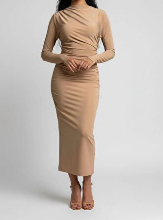 Mevsimlik | Kadın Caramel Drapeli Midi Elbise Yüksek Yaka Uzun Kollu Penye Kumaş