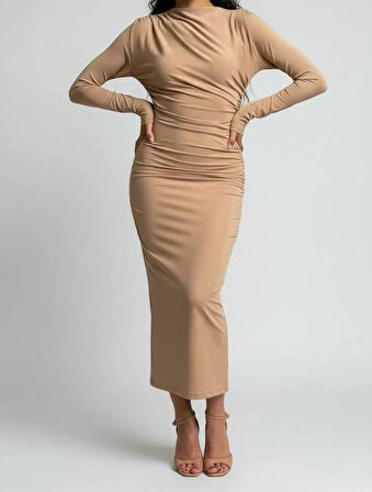 Mevsimlik | Kadın Caramel Drapeli Midi Elbise Yüksek Yaka Uzun Kollu Penye Kumaş