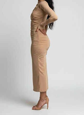 Mevsimlik | Kadın Caramel Drapeli Midi Elbise Yüksek Yaka Uzun Kollu Penye Kumaş
