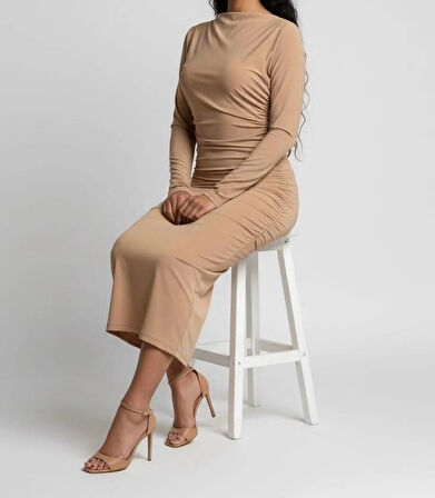 Mevsimlik | Kadın Caramel Drapeli Midi Elbise Yüksek Yaka Uzun Kollu Penye Kumaş