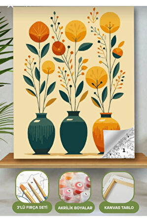 Sayılarla Boyama Seti 40x50 Cm (Çıtalı) Fırça Boya Dahil Numaralı Tuval Üç Vazo