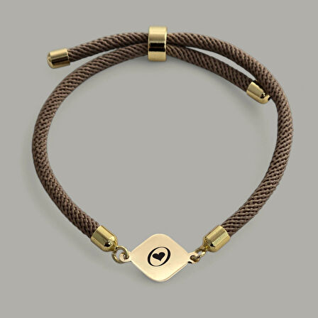 O Harfine Özel 14 Ayar Altın Plakalı Örgü İpli Eşkenar Dörtgenli Hediye Bileklik-332harf-kahverengi