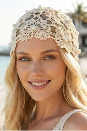 Tezzgelsin Kadın İnci İşlemeli Örgü Bere File Dokulu Bohem Plaj ve Yazlık Bandana