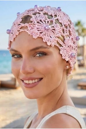 Tezzgelsin Kadın İnci İşlemeli Örgü Bere File Dokulu Bohem Plaj ve Yazlık Bandana