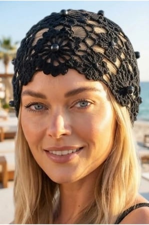 Tezzgelsin Kadın İnci İşlemeli Örgü Bere File Dokulu Bohem Plaj ve Yazlık Bandana