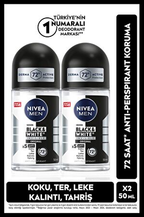 Nivea MEN Erkek Roll-on Deodorant Black&White Invisible Original 50ml, 72 Saat Anti-perspirant, X2 Adet