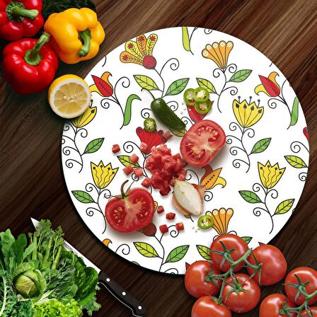 Decovetro Cam Kesme Tahtası Yuvarlak Renkli Çiçekler Desenli 30x30 Cm