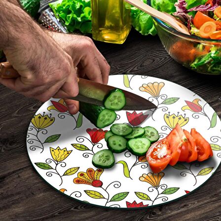 Decovetro Cam Kesme Tahtası Yuvarlak Renkli Çiçekler Desenli 30x30 Cm