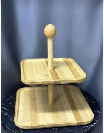 2 Katlı Kare Bambu Sunumluk – Doğal Bambu Servis Standı, Kek & Pasta Sunum Tepsisi