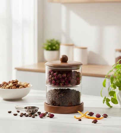 2 Katlı Cam Saklama Kabı – Ahşap Kapaklı Çok Amaçlı Düzenleyici | Baharat, Çerez, Çay Saklama Kabı