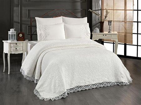 Fransız Dantelli ,güpürlü 6 Parça Battaniye Seti Krem (ÇEYİZ KUTULU)