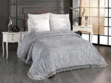 Fransız Dantelli ,güpürlü 6 Parça Battaniye Seti Krem (ÇEYİZ KUTULU)