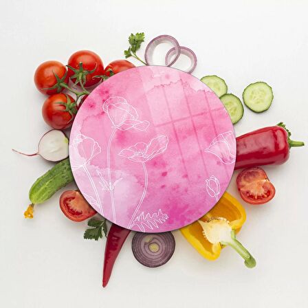 Decovetro Cam Kesme Tahtası Yuvarlak Pembe Çiçek Desenli 30x30 Cm