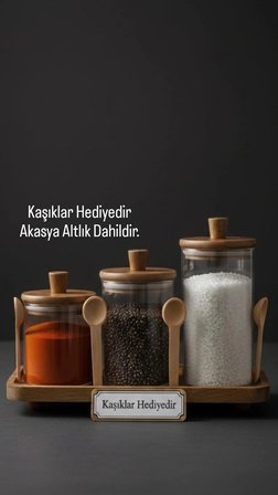 Mien 3’lü Akasya Ahşap Kapaklı Baharat Seti -Altlıklı Baharat Seti - 3 Boy Akasya Kapaklı Baharatlık