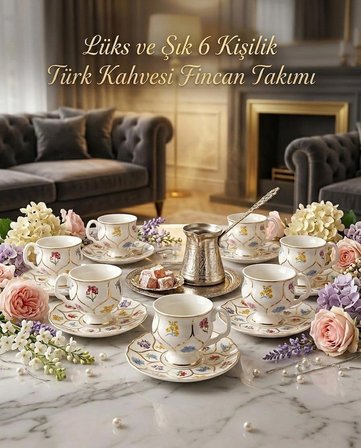 Mien 6'lı Gold Detaylı Çiçekli Fincan Takımı- 6 Kişilik Gold Çiçekli Türk Kahvesi Seti