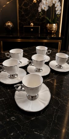 6 Kişilik Porselen Platin Yaldızlı Kahve Fincan Takımı - 6 Kişilik Gümüş Detaylı Kahve Fincan Takımı RSY-270