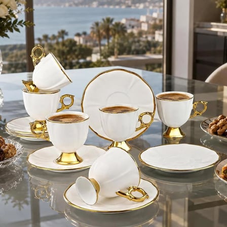 6 Kişilik Gold Detaylı Kahve Fincan Takımı - 6 Kişilik Gold Porselen Kahve Fincan Takımı 90 ml RSY-271