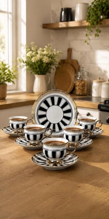 6 Kişilik Siyah Beyaz Gold Detaylı Fincan Takımı -Gold 6 Kişilik Siyah Beyaz Fincan Seti 90 Ml -RSY-186