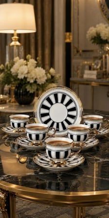 6 Kişilik Siyah Beyaz Gold Detaylı Fincan Takımı -Gold 6 Kişilik Siyah Beyaz Fincan Seti 90 Ml -RSY-186