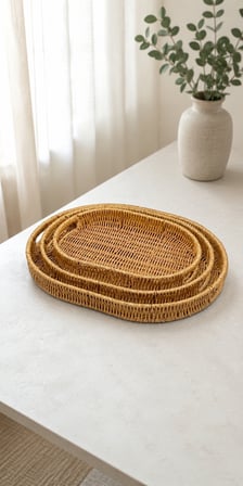 3’lü Rattan Oval Tepsi Seti – Hasır Servis & Sunum Tepsisi - 3'lü Rattan Servis Sunum Tepsisi Oval Model 40 x 30